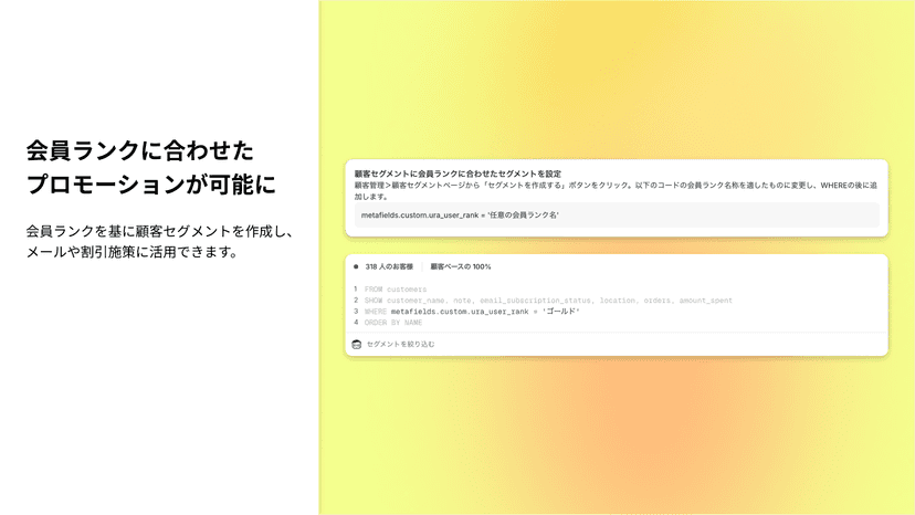 会員ランクに応じた顧客セグメントを作成し、メール配信や割引施策などのプロモーションに活用できます。