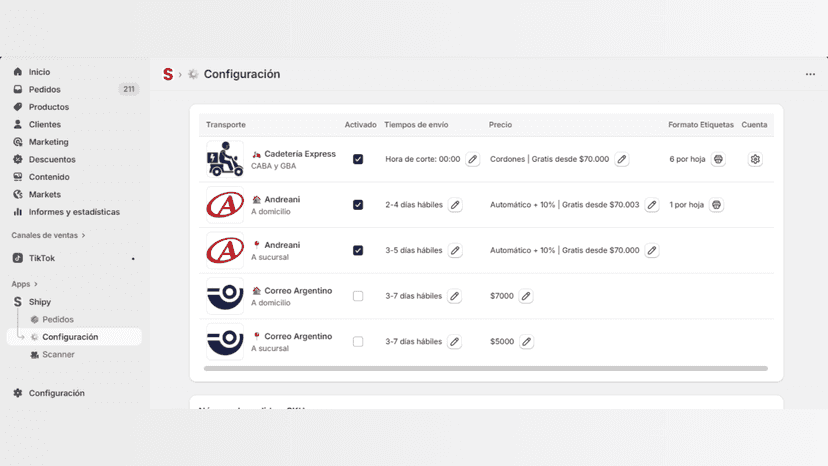 Configuración transportadoras