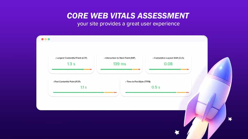 Core Web Vitals all green: fast LCP, INP, CLS, FCP and TTFB