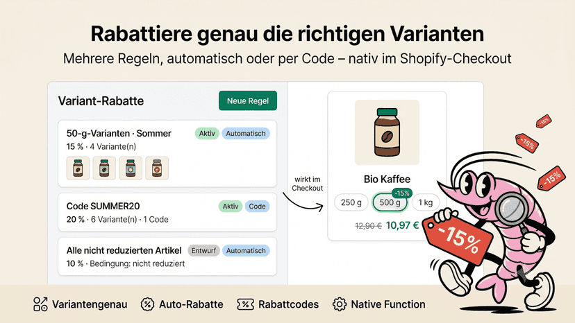 Admin mit drei Variant-Discount-Regeln und Produktvorschau