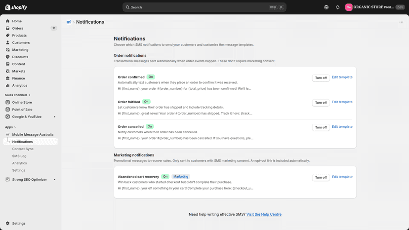 Notification settings showing order and marketing SMS templates