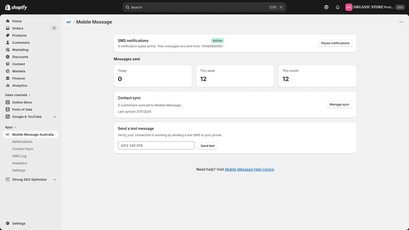 Mobile Message dashboard with notification status and message st