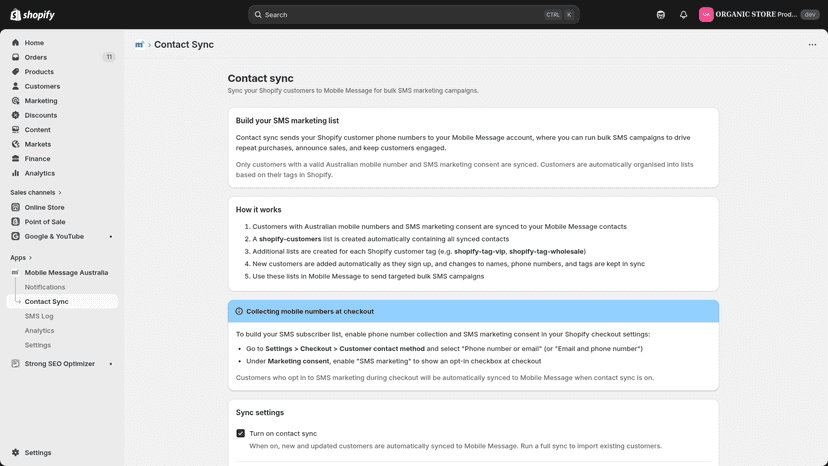 Contact sync page with tag-based list management and sync status