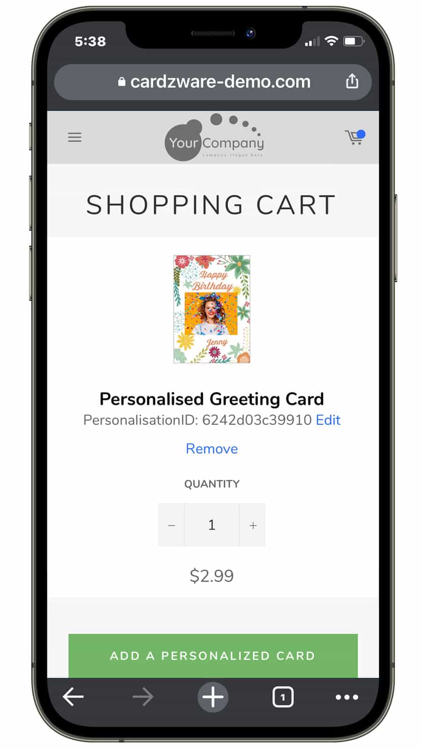 view of adding a greeting card via the cart