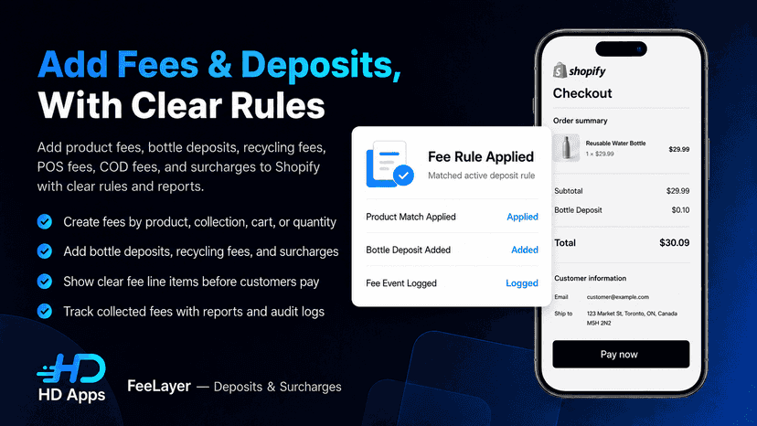 FeeLayer app showing fee rules and checkout deposits