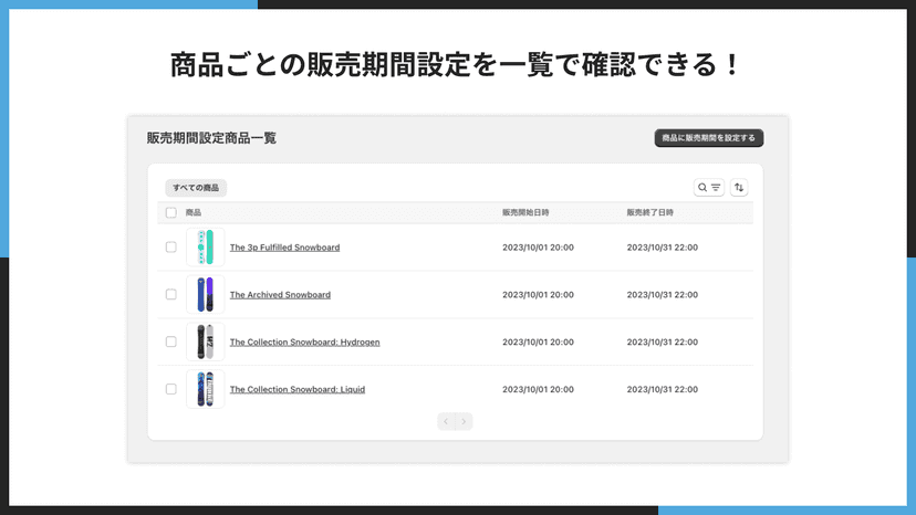 商品ごとの販売期間設定を一覧で確認できる