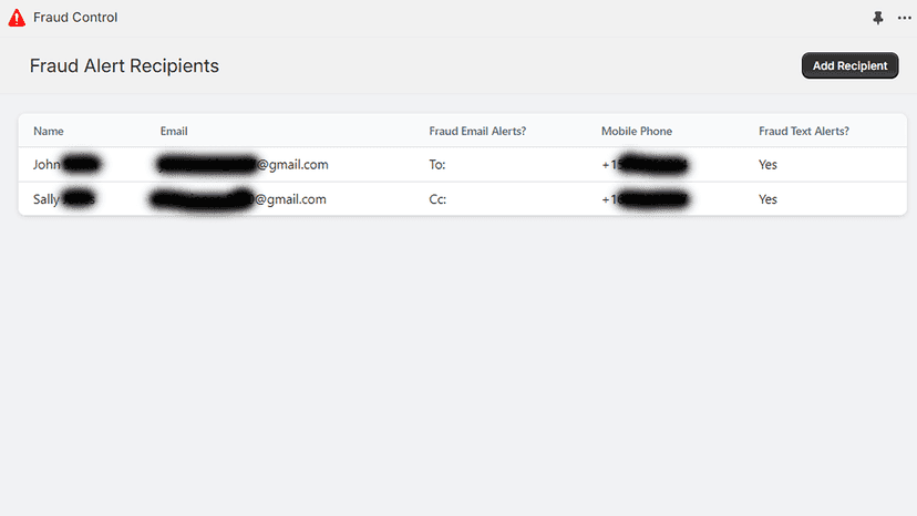 Fraud Control - Fraud Alert Recipients Management