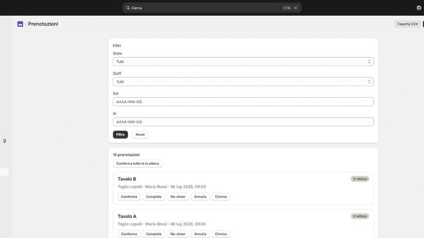 Bookings list with statuses and actions