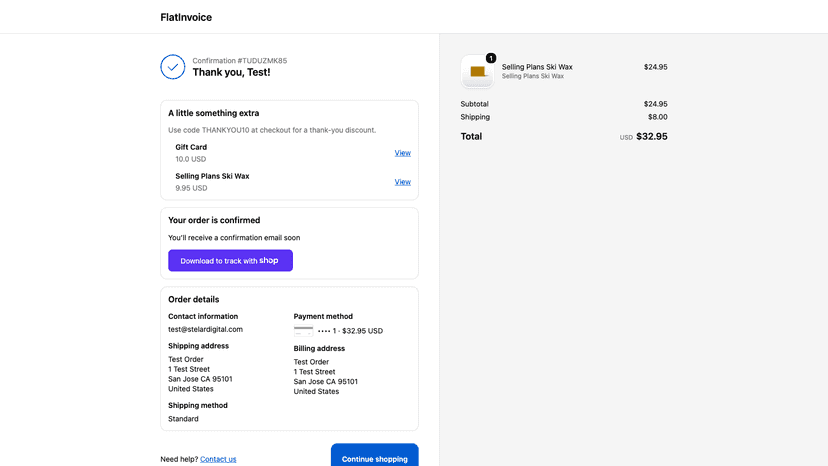 Real thank-you page showing chosen products and code
