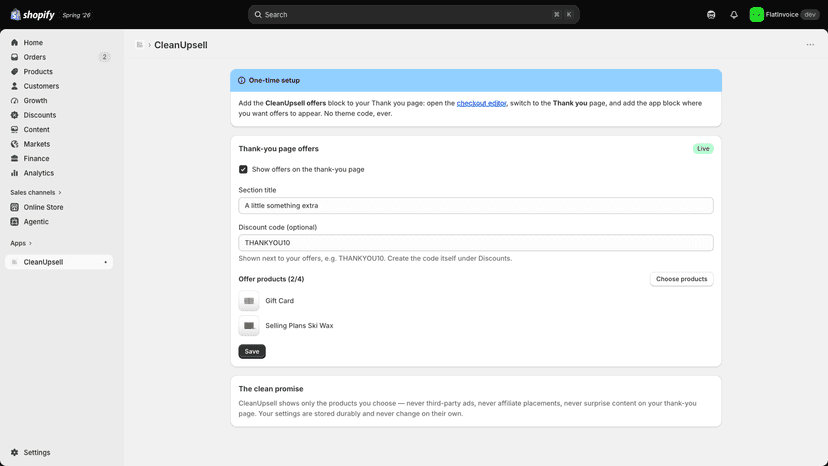 CleanUpsell admin: pick products, title, discount code