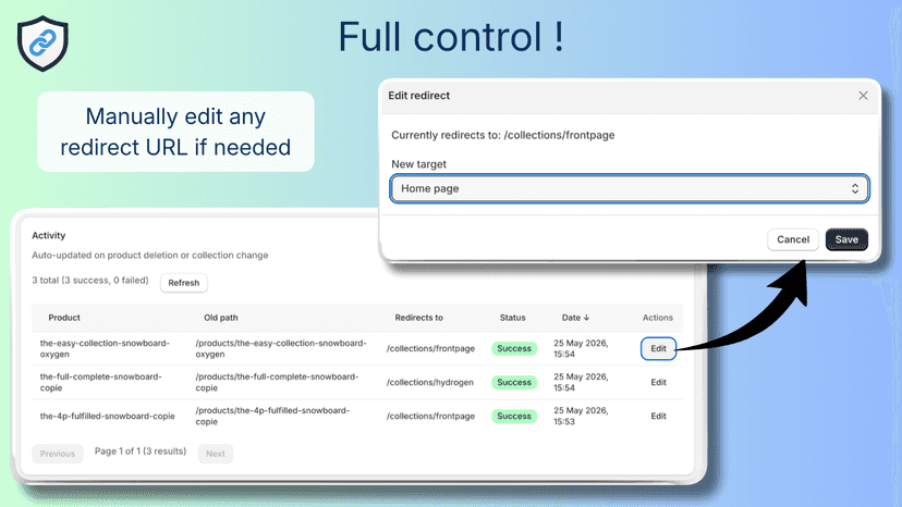 Dashboard log table with a manual URL editing window.