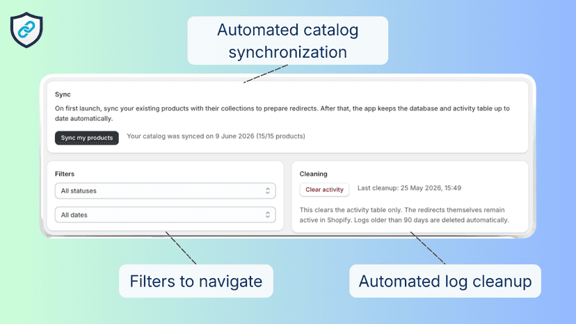 Main app dashboard showing catalog sync and log filters.