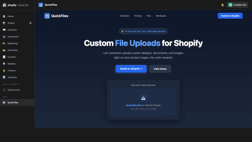QuickFiles dashboard showing upload fields and stats