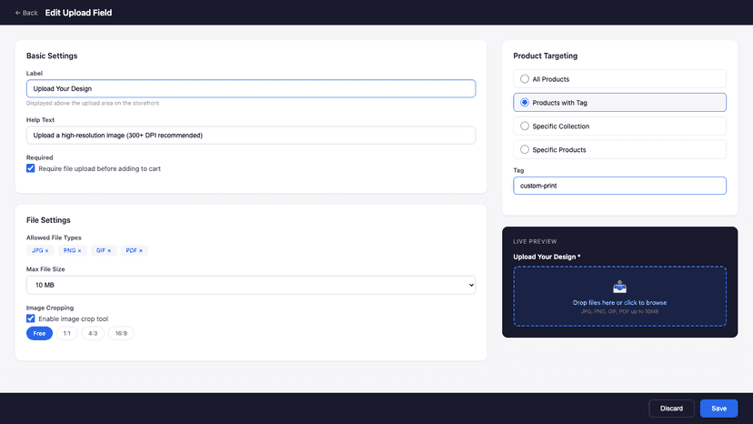 Upload field editor with file settings and live preview