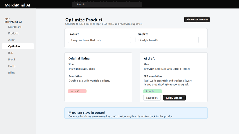 Optimize page showing an AI draft before applying changes