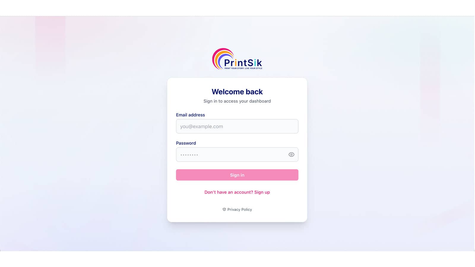 Printseek app dashboard showing custom print workflow