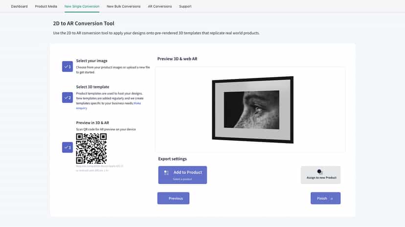 Select Start to convert your file into AR and Add to Product