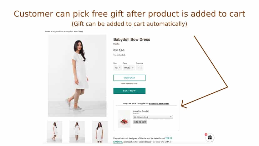 Customer can pick free gift after product is added to cart