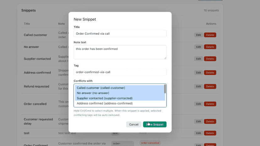 SnipNotes Add a new snippet to automate a specific message