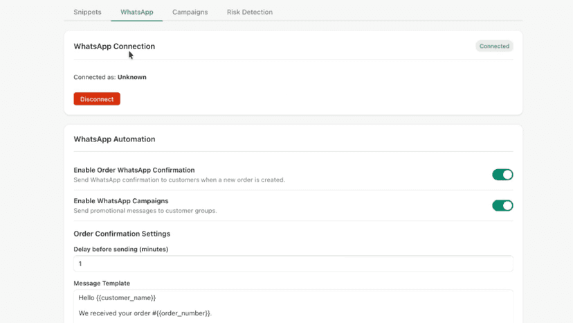 SnipNotes WhatsApp Configuration to send automatic WhatsApp msgs