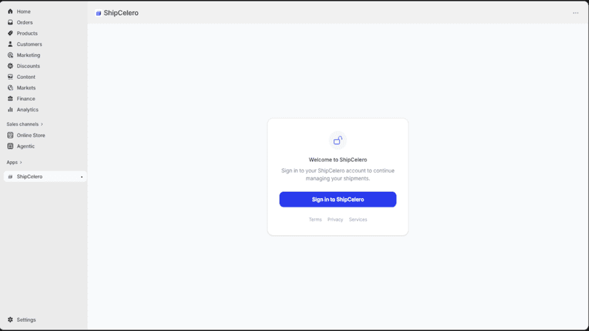 ShipCelero welcome screen with account sign-in prompt