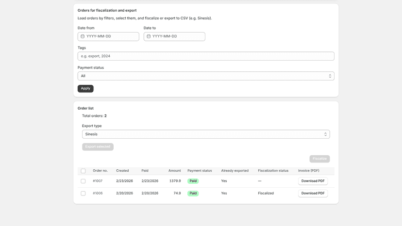 Receipt overview, fiscalization and exports