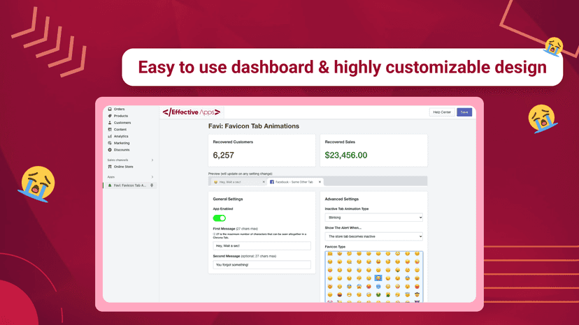 The dashboard of the app with sales and recovered cart stats