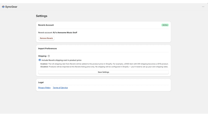 syncgear settings page
