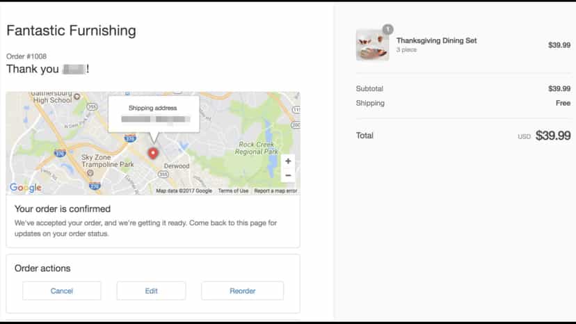 order status and confirmation page