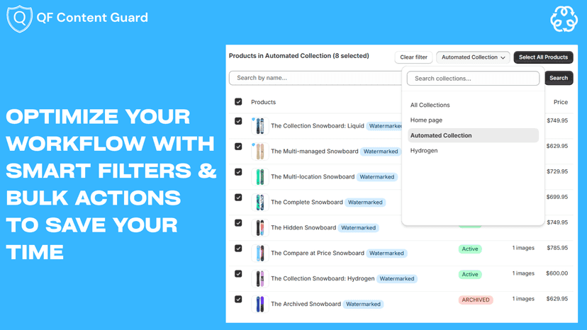 Smart product filters for bulk image watermarking.