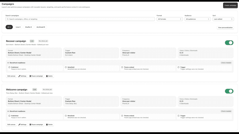 SpacePOP campaigns page showing popup campaign list and actions