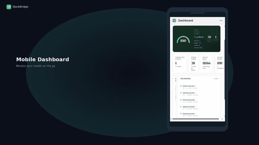 StockBridge mobile dashboard with sync health score