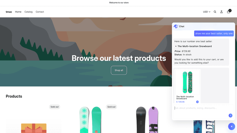 Chat widget with product card and add to cart button