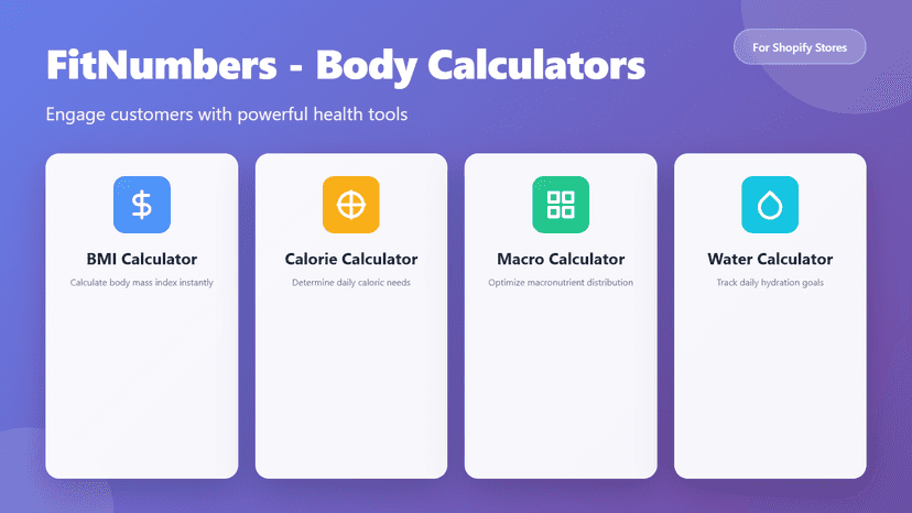 FitNumbers body calculators with BMI, calorie, macro, water