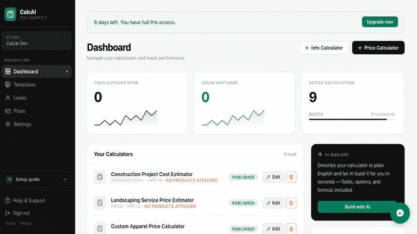 CalcAI Shopify app - Dashboard