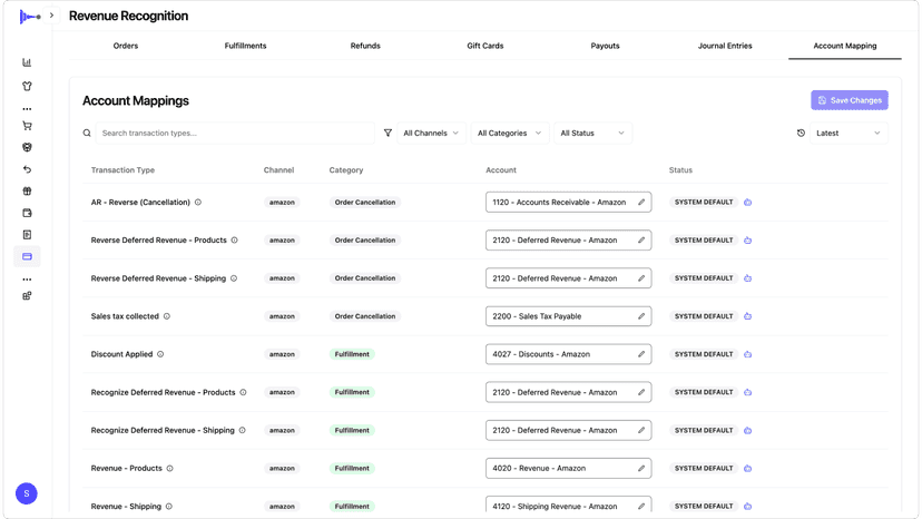 Mandrel GL Account Mapping Page