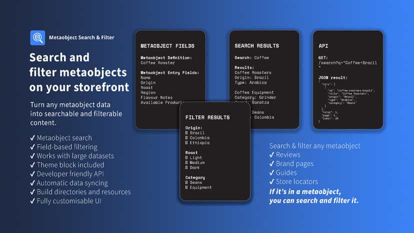 Search and filter Shopify metaobject data app features