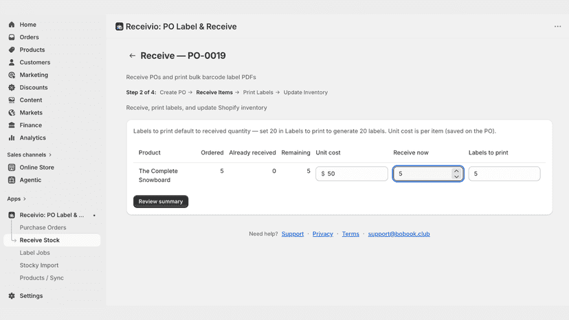 Receive stock and set label quantities