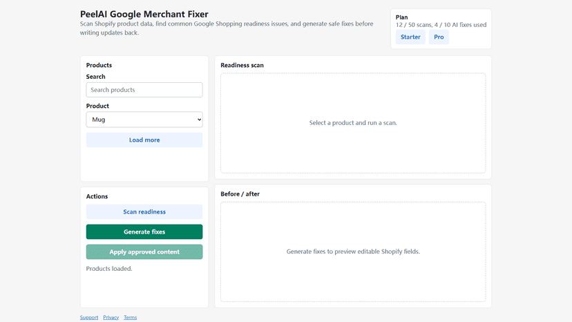 Product picker and readiness scan controls