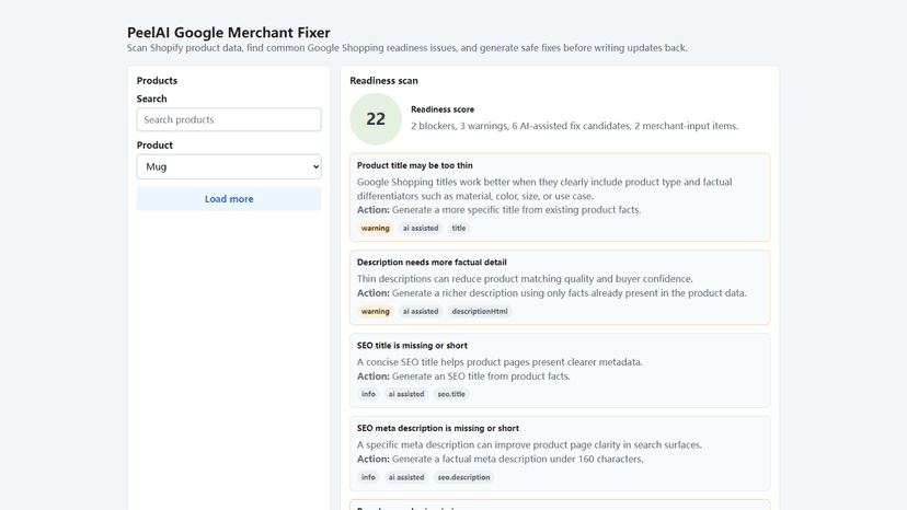 Product readiness dashboard with safe fix preview