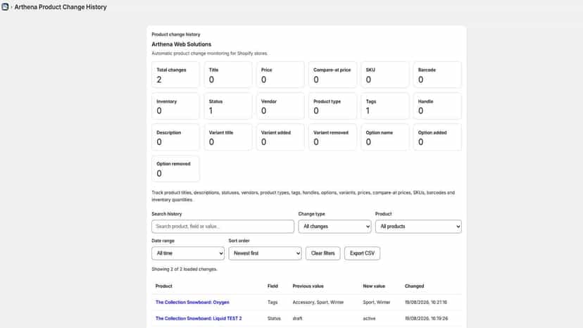 Product change history dashboard