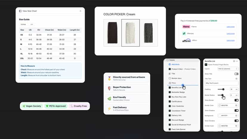 Size charts, variant images, social proof. Sumo Blocks app