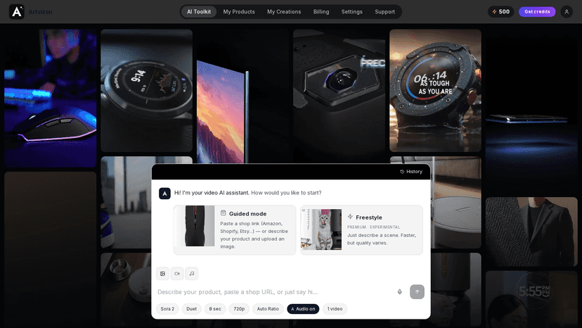 Artvizon AI assistant ready to build your video ad