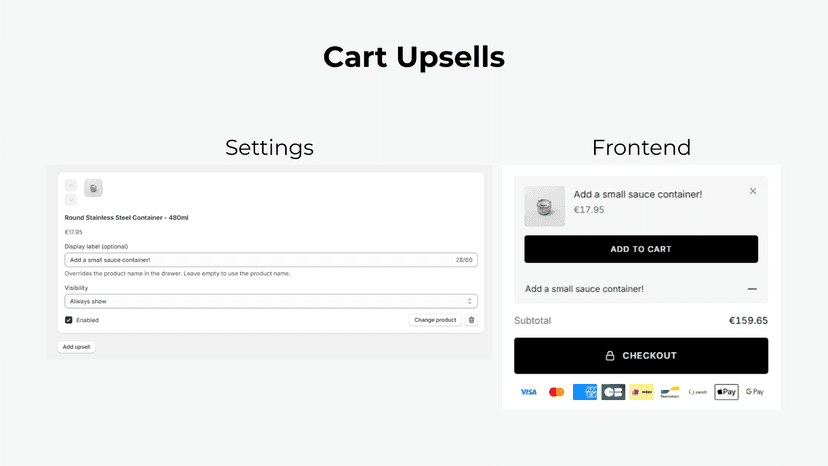 Cart upsells settings and frontend