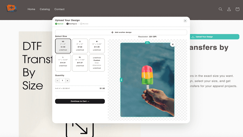 GangFlow: upload step with design preview on DTF product