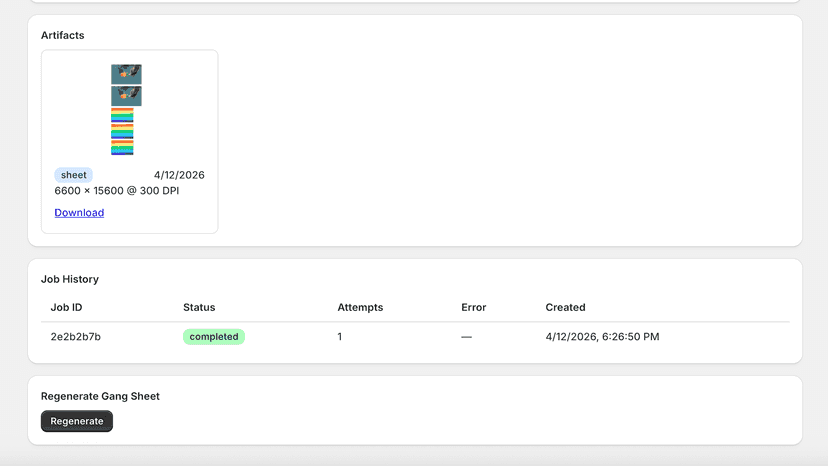 GangFlow order view: gang sheet artifact with download link