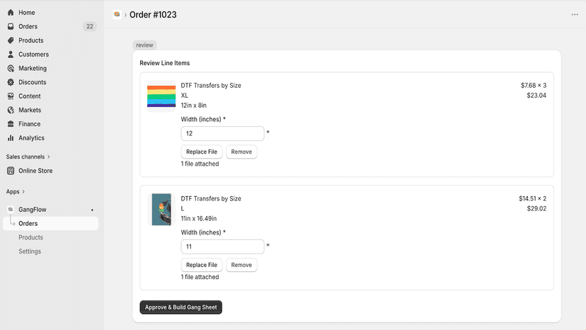 GangFlow orders dashboard: review DTF transfers and status