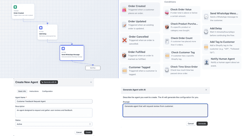 AI WhatsApp agent for Shopify with visual workflow builder