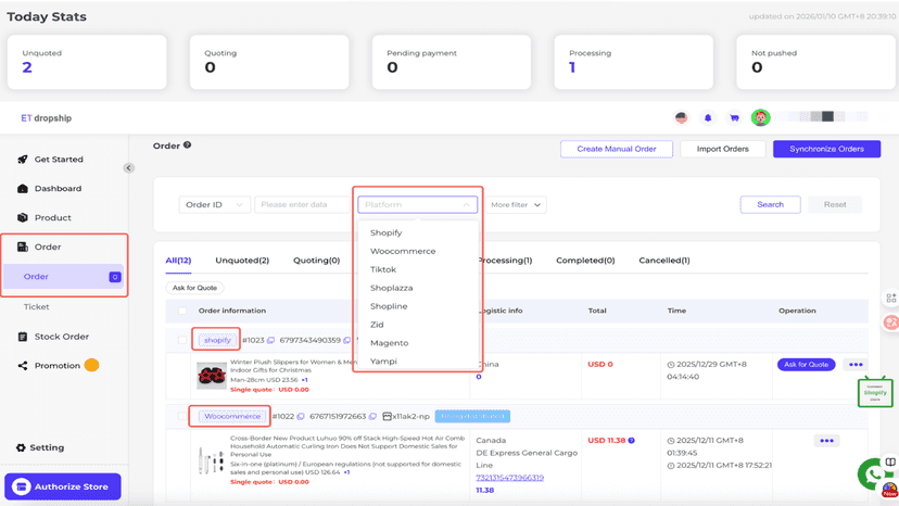 All platform orders are managed in one unified Dashboard.
