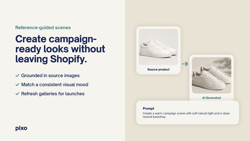 Create campaign-ready looks without leaving Shopify
